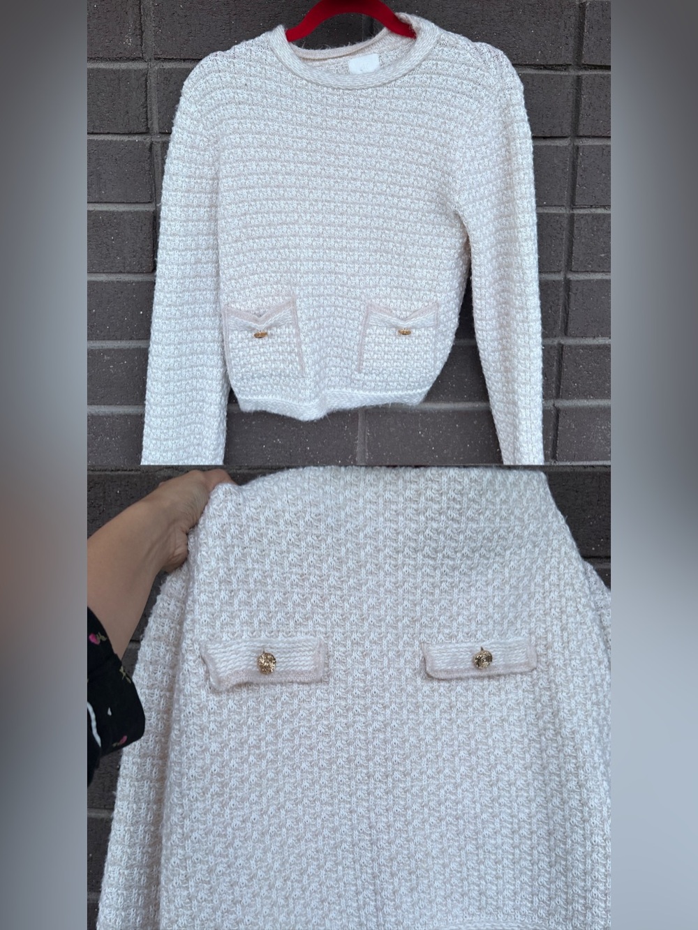 H&M Cream Textured Crewneck Sweater with Front Pockets (Size XS)